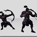 Game Characters Wearing Ninja Armor Holding Bow in Different Action Poses 3d model