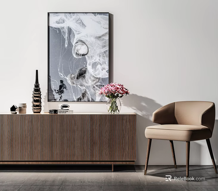 Console Cabinet With Abstract Painting Decorative Vase Pink Flowers And Beige Chair 3d model 