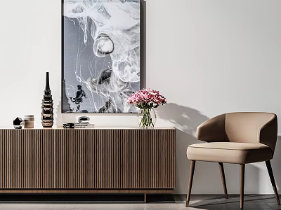 Console Cabinet With Abstract Painting Decorative Vase Pink Flowers And Beige Chair 3d model