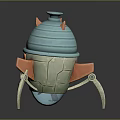 Cartoon Mechanical Robot Model With Blue Dome Orange Spikes Red Button Letter M Gray Legs