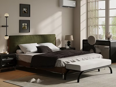 Modern Bedroom Double Bed With Green Headboard White Pillows Dark Blanket And Bench 3d model