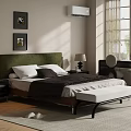 Modern Bedroom Double Bed With Green Headboard White Pillows Dark Blanket And Bench