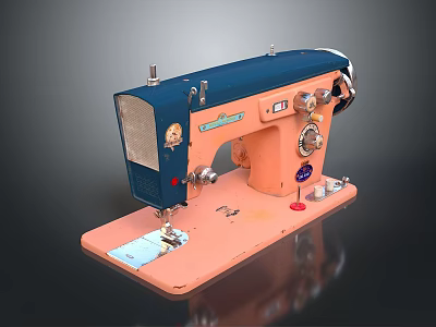 Vintage Blue And Pink Sewing Machine With Metal Parts And Knobs On Base 3d model