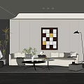 Modern Living Room With Cream Sofa Glass Coffee Table Floor Lamp And Geometric Wall Art