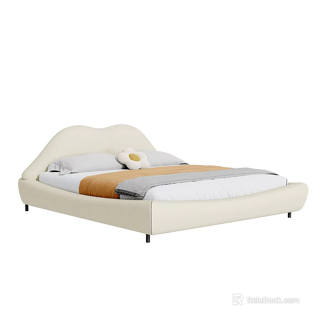 Modern Cream Colored Double Bed with Curved Headboard and Orange Gray Bedding 3d model 