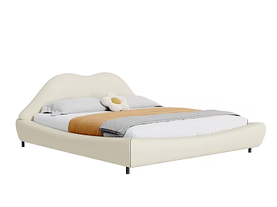Modern Cream Colored Double Bed with Curved Headboard and Orange Gray Bedding 3d model