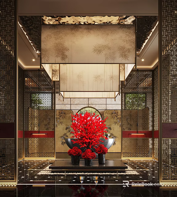 Luxury Traditional Chinese Style Hotel Lobby With Exquisite Classic Partitions And Vibrant Red Floral Decorations 3d model 