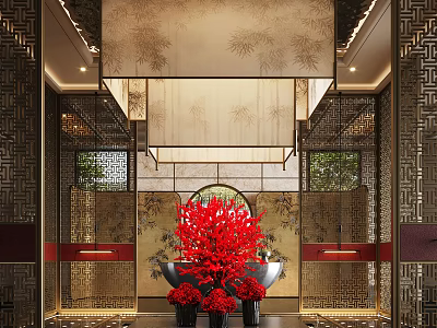 Luxury Traditional Chinese Style Hotel Lobby With Exquisite Classic Partitions And Vibrant Red Floral Decorations 3d model