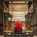 Luxury Traditional Chinese Style Hotel Lobby With Exquisite Classic Partitions And Vibrant Red Floral Decorations