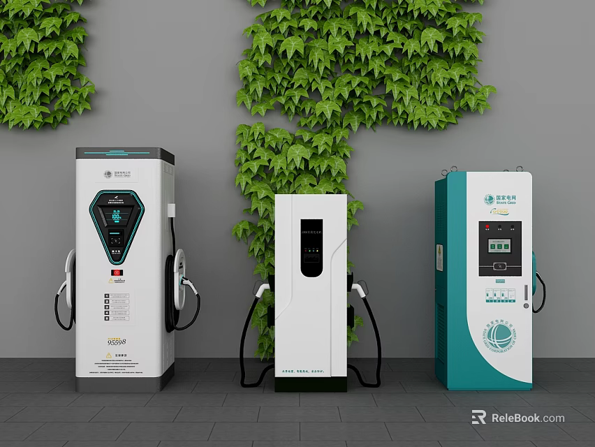 Industrial Electric Vehicle Charging Stations with Modern Design Against Green Plant Covered Wall 3d model 