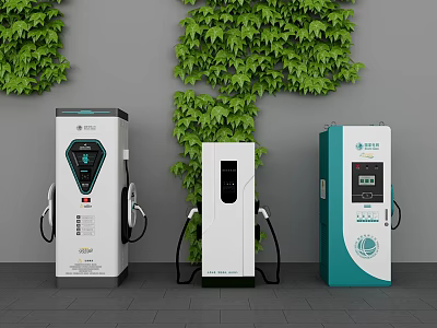 Industrial Electric Vehicle Charging Stations with Modern Design Against Green Plant Covered Wall 3d model