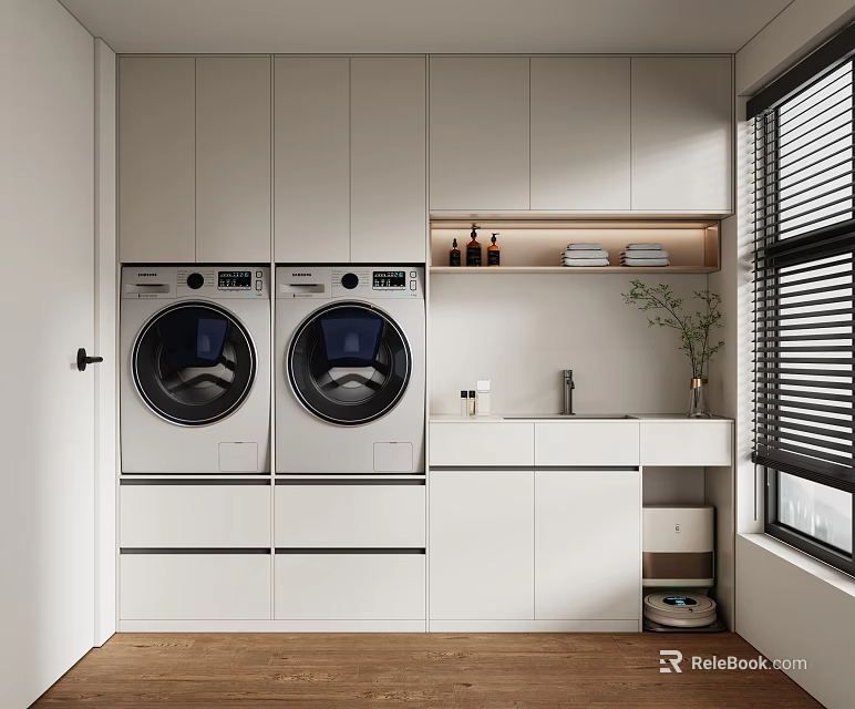 Modern White Bathroom Cabinet Rack Interior With Washing Machines Countertop Faucet And Green Plant 3d model 