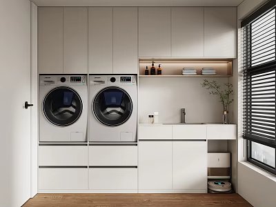 Modern White Bathroom Cabinet Rack Interior With Washing Machines Countertop Faucet And Green Plant 3d model