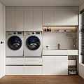 Modern White Bathroom Cabinet Rack Interior With Washing Machines Countertop Faucet And Green Plant
