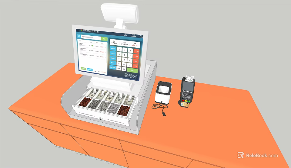 Modern Reception Desk With Orange Countertop POS Machine Screen Interface And Payment Devices 3d model 