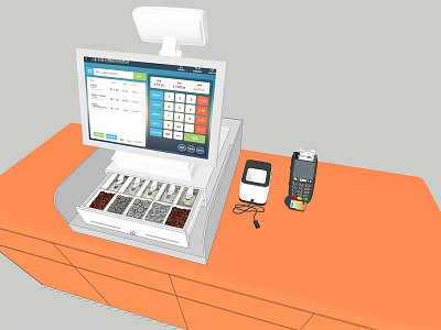 Modern Reception Desk With Orange Countertop POS Machine Screen Interface And Payment Devices 3d model