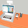 Modern Reception Desk With Orange Countertop POS Machine Screen Interface And Payment Devices