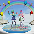 Two Blue And Pink Haired Girls Standing On Platform With Rainbow Balloons Doves And Clouds