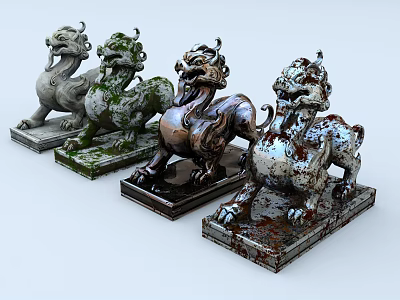 Traditional Pi Xiu Mythical Beast Carvings With Diverse Colors And Stone Pedestals In Classic Style 3d model