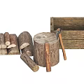 Natural Wood Logs Split Wood And Tree Stump With Wooden Crate And Axe