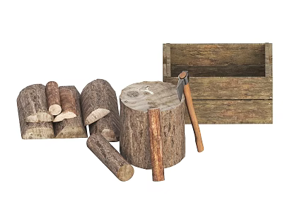 Natural Wood Logs Split Wood And Tree Stump With Wooden Crate And Axe 3d model