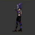 Game Movie Character With Purple Blue Hair And Patterned Leather Outfit Boots