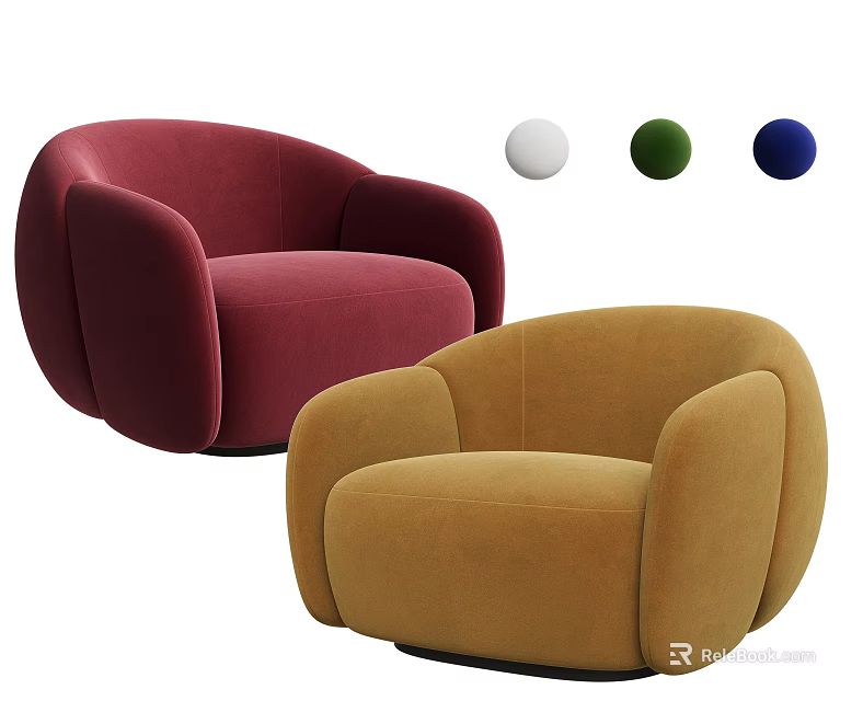 Burgundy And Mustard Single Sofas With Modern Rounded Design And Colorful Balls 3d model