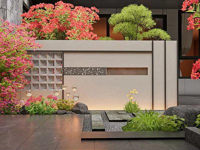 Landscape Feature Wall with Red Flowers Green Plants Decorative Grille Stone Path and Ambient Lighting 3d model
