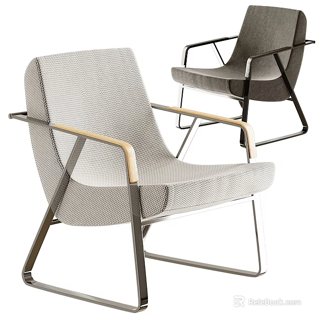 Modern Leisure Chair With Light Gray Woven Fabric Wooden Armrests And Metal Frame 3d model 