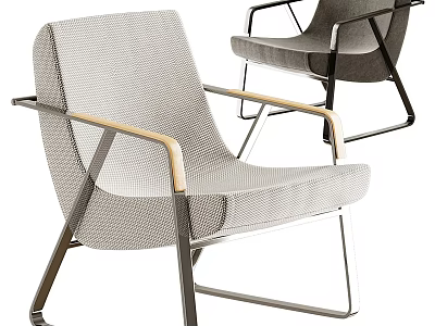 Modern Leisure Chair With Light Gray Woven Fabric Wooden Armrests And Metal Frame 3d model