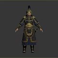 Man In Ancient Ornate Armor With Gold And Blue Decoration Wearing Feather Helmet Holding Sword