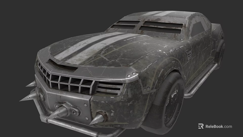 Worn Armored Car With Striped Body Spiked Front Bumper And Grille Design 3d model 