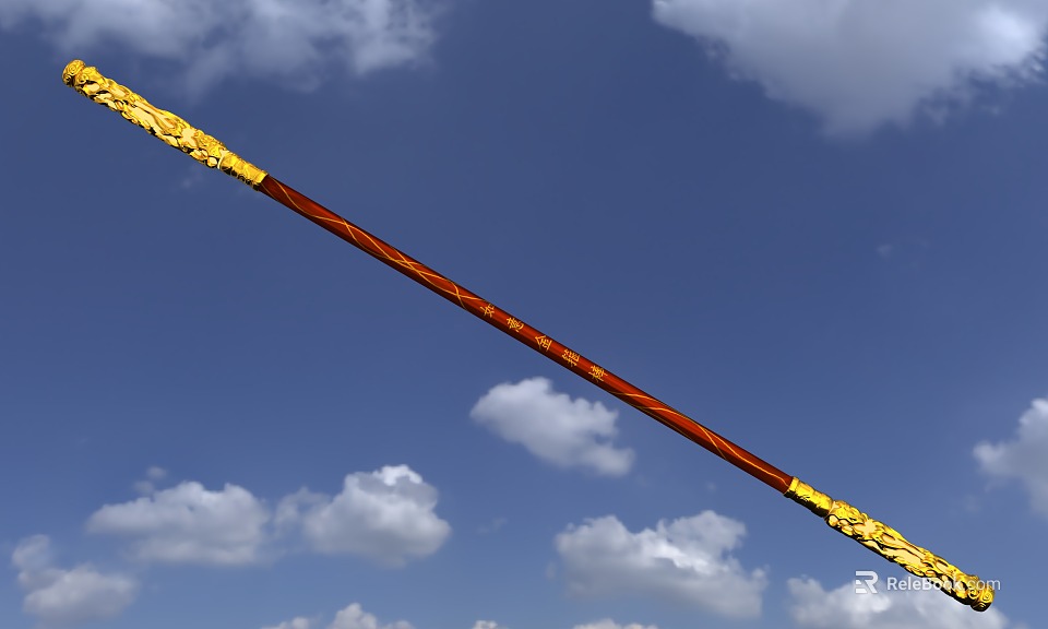 Traditional Chinese Magic Weapon Golden Cudgel With Red Shaft And Golden Decorations Against Blue Sky 3d model 
