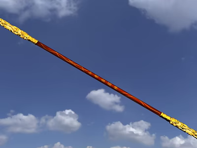 Traditional Chinese Magic Weapon Golden Cudgel With Red Shaft And Golden Decorations Against Blue Sky 3d model