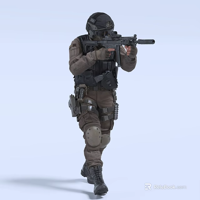 Man in Full Tactical Gear Holding Rifle While Moving During Action Mission 3d model 