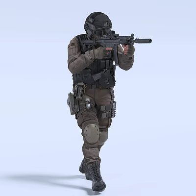 Man in Full Tactical Gear Holding Rifle While Moving During Action Mission 3d model