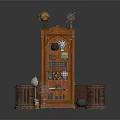 Vintage Wooden Display Cabinet With Carved Details Top Ornaments And Books Trophies