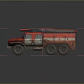 Red Vintage Fire Truck With Roof Ladder And Multi Wheel Design On Dark Reflective Background
