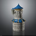 Detailed Blue And White Brick Tower Model With Spire Roof Yellow Trim And Cylindrical Structure