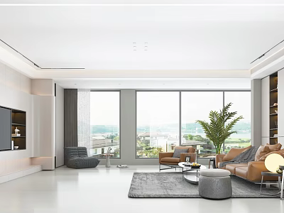 Modern Bright Living Dining Room Interior With Large Windows Sofa Coffee Table And Potted Plant 3d model