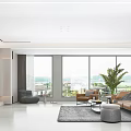 Modern Bright Living Dining Room Interior With Large Windows Sofa Coffee Table And Potted Plant