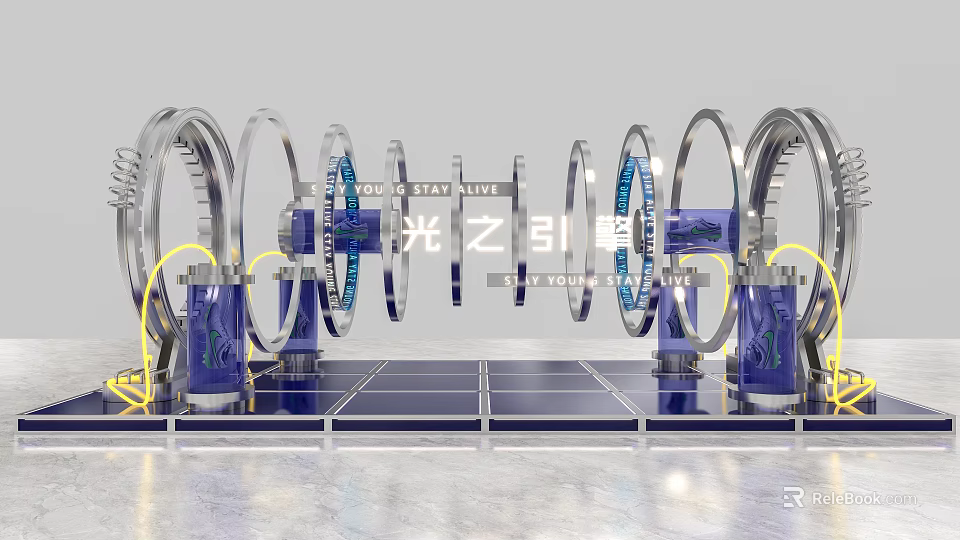 Shining Corridor Art Installation With Silver Ring Structures And Blue Lighting Effects 3d model 
