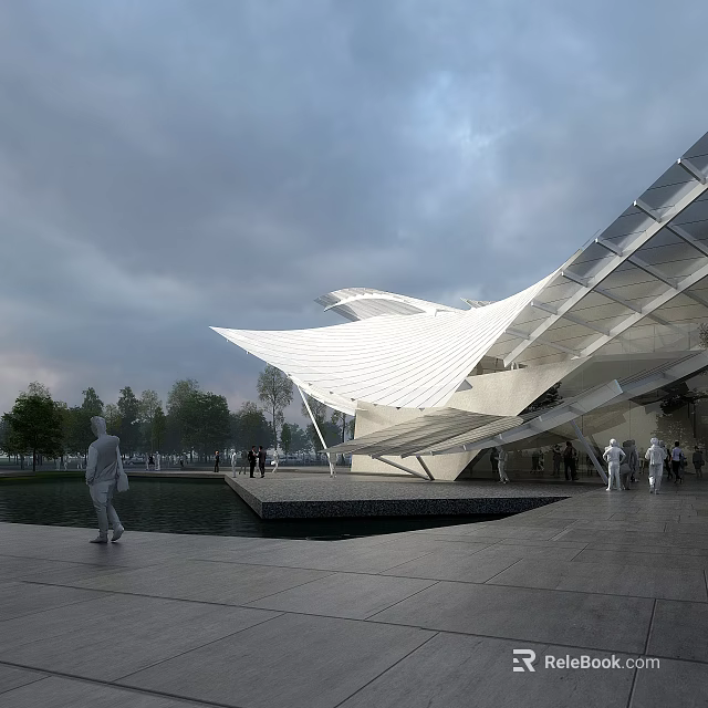Modern Sales Office Building Featuring Unique Roof Design And Waterfront Plaza With Pedestrians 3d model 