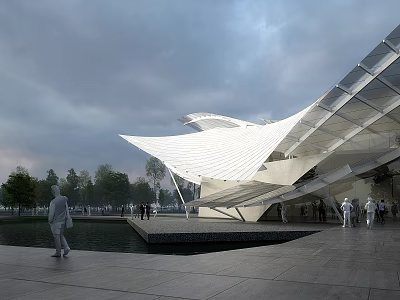 Modern Sales Office Building Featuring Unique Roof Design And Waterfront Plaza With Pedestrians 3d model