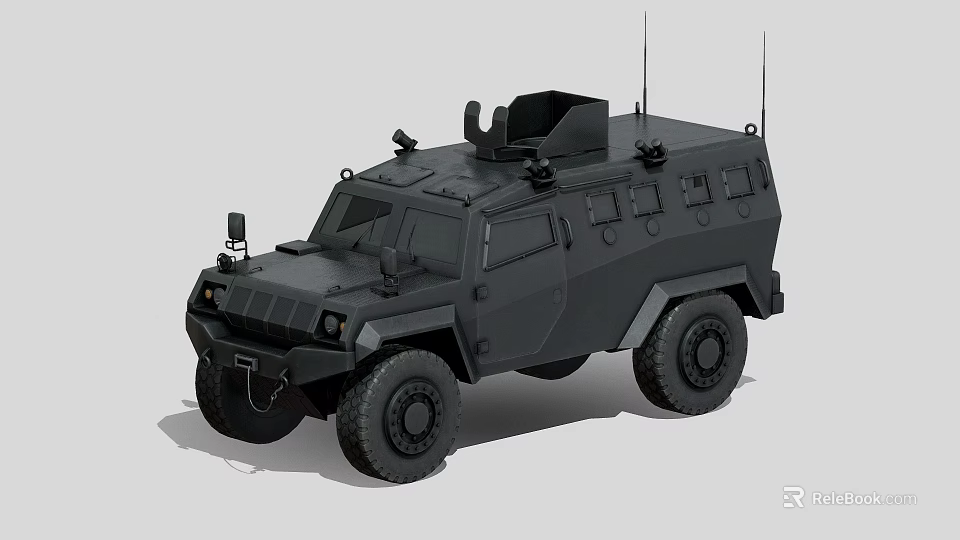 Black Armored Military Car with Heavy Armor Roof Mounted Gun Turret and Antennas 3d model 