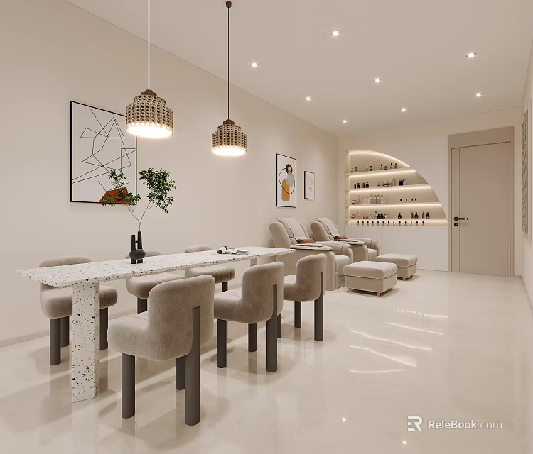 Elegant Luxury Beauty Hair Salon Interior With Comfortable Seats And Product Display Shelves 3d model 