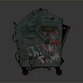 Worn Green Metal Dumpster With Graffiti And Rusty Surface On Wheels 3d model