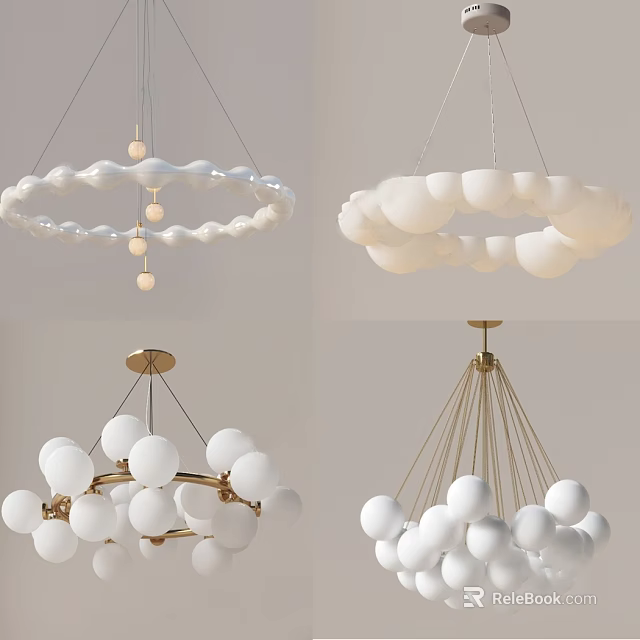 Modern Chandelier Designs with White Globe Shades and Circular Metal Frames 3d model 