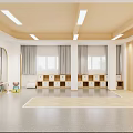 Bright Kindergarten Classroom Featuring Wooden Tables Chairs TV And Round Windows