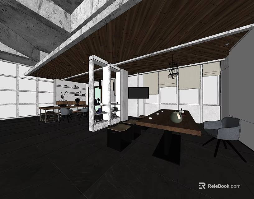 Modern Office Interior With Wooden Ceiling Dark Flooring Glass Partitions Furniture And TV Screen 3d model 